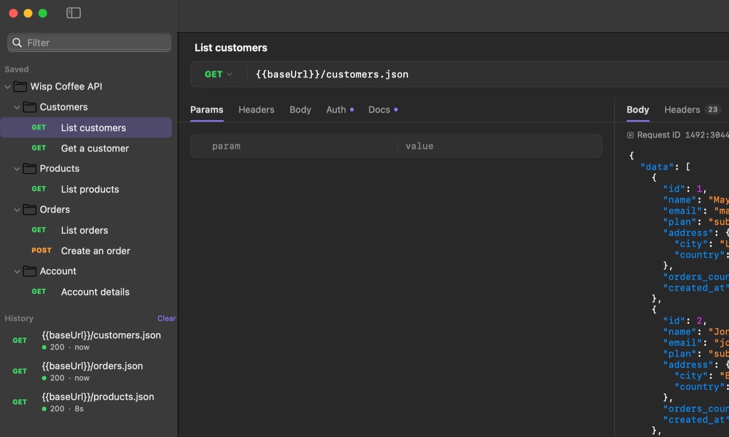 An API collection imported from its documentation page