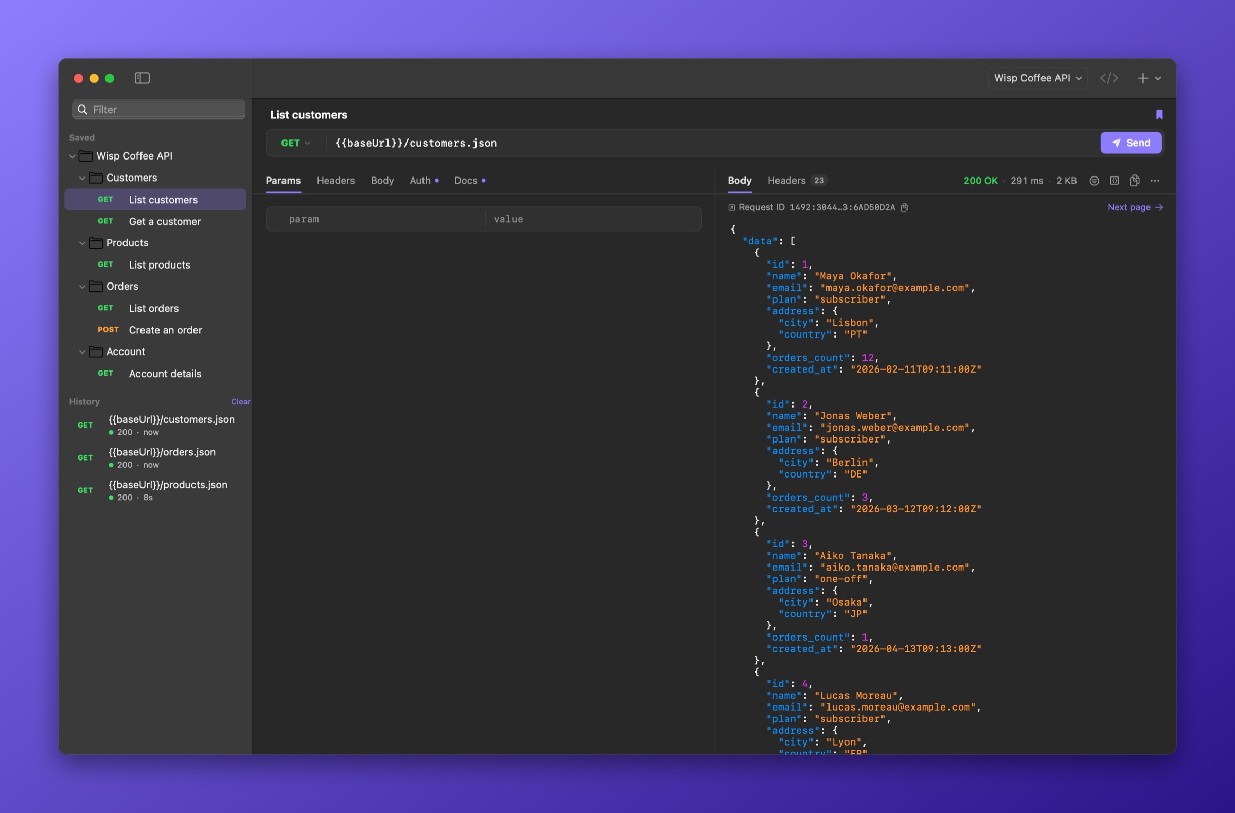 Wisp showing an imported API collection and a JSON response